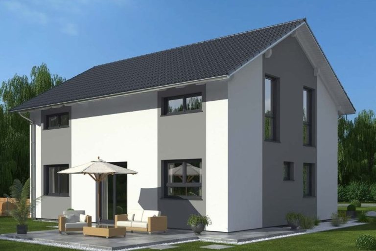 Modernes zweigeschossiges Haus mit grauer Fassade und Terrasse.