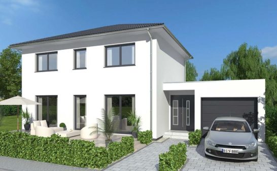 Modernes zweigeschossiges Haus mit Garage und Auto, umgeben von Grünanlagen.