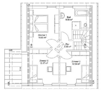Grundriss DG Grundriss eines Hauses mit zwei Schlafzimmern, einem Bad und einem Wohnzimmer.