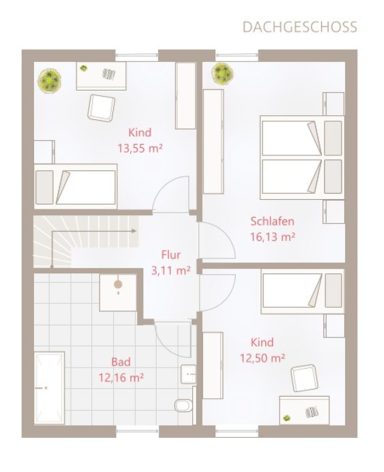 Drevo EFH 119 SD - Dachgeschoss Grundriss einer Wohnung mit zwei Schlafzimmern, einem Bad und einem Flur.