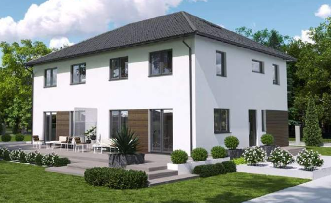 Enovia DHH Funktionale 122 WD Modernes zweigeschossiges Haus mit weißer Fassade und Garten.