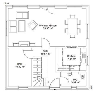 Grundriss EG Grundriss eines Hauses mit Wohnbereich, Küche, Diele und WC.