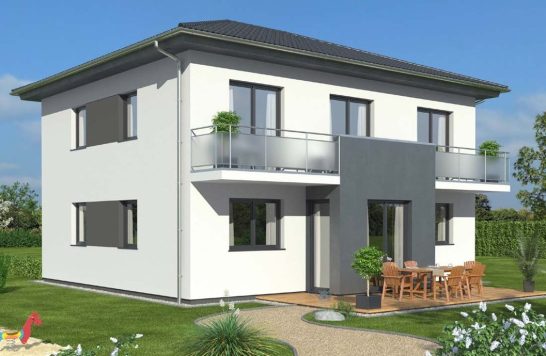Moderne zweihelflige Villa mit Balkon, Terrasse und Garten.