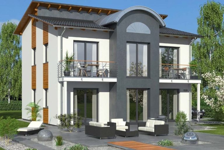 Modernes zweigeschossiges Haus mit grauer Fassade und Terrasse.