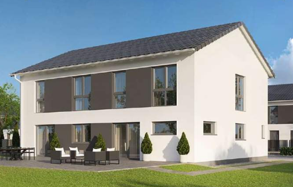 ZFH Funktionale 239 Modernes zweigeschossiges Haus mit großen Fenstern und Terrassenbereich.