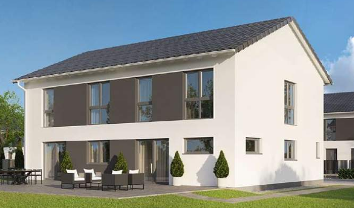 Enovia Haus - ZFH - Funktionale 239 Modernes zweigeschossiges Haus mit großen Fenstern und Terrasse im Garten.