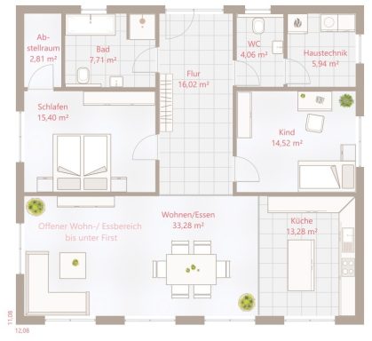 Drevo Bungalow 113 SD - Erdgeschoss Grundriss einer Wohnung mit fünf Räumen, darunter Küche, Wohnzimmer und Esszimmer.