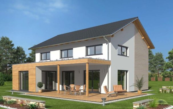 Drevo EFH 150 SD Modernes Haus mit Holzverkleidung, Terrasse und angrünenden Garten.