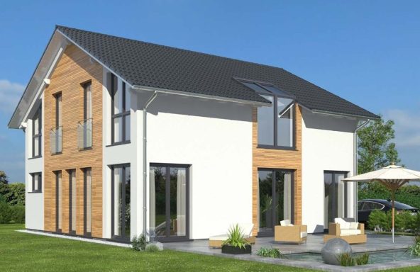 Drevo EFH 140 SD Modernes Haus mit Holzverkleidung, Garten und Terrasse, umgeben von Rasenflächen.