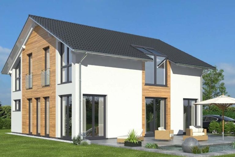 Moderner zweigeschossiger Haus mit großen Fenstern und Holzelementen.