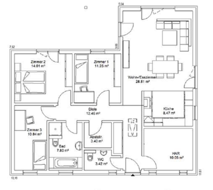 Grundriss Grundriss einer Wohnung mit drei Schlafzimmern, Wohnzimmer, Küche und Badezimmer.