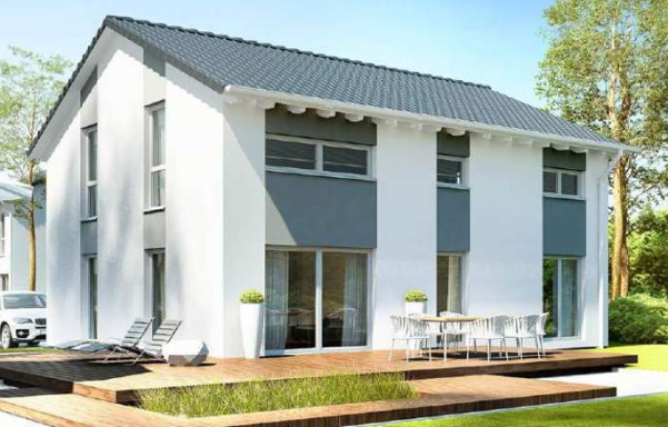 EFH Vielseitige 167 Modernes zweistöckiges Haus mit weißer Fassade und grauem Dach, umgeben von Bäumen.