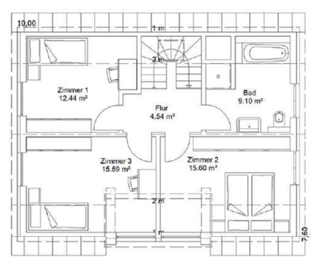 Grundriss DG Grundriss eines Hauses mit drei Zimmern, Bad und Treppe in der Mitte.
