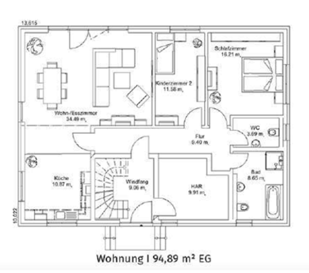 Grundriss EG Wohnung 1 Grundriss einer Wohnung mit verschiedenen Räumen und Flächenangaben.