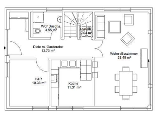 Grundriss EG Bodenplan eines Hauses mit Wohnzimmer, Küche, Essbereich und Treppe.