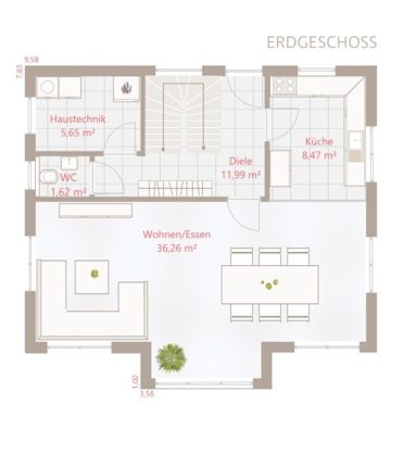 Drevo EFH 122 SD - Erdgeschoss Grundriss des Erdgeschosses mit Wohnbereich, Küche und Essplatz.
