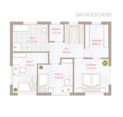 Drevo EFH 150 SD - Obergeschoss Grundriss des Dachgeschosses mit drei Zimmern, Bad und Flur.