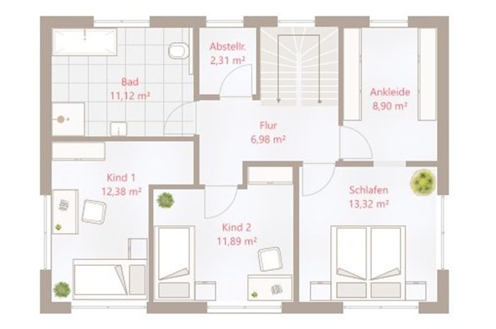 Grundriss einer Wohnung mit zwei Schlafzimmern, Badezimmer, Küche und Flur.