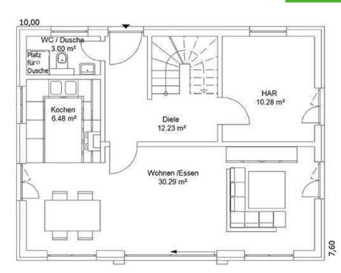 Grundriss EG Grundriss einer Wohnung mit Küche, Essbereich, Wohnraum und Treppe.