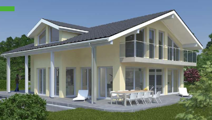 Enovia EFH Vielseitige 184 Moderne Villa mit großer Terrasse und Glasfronten, umgeben von Bäumen.