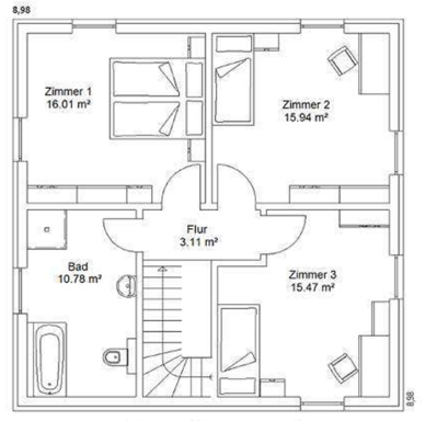 Grundriss OG Grundriss eines Hauses mit drei Zimmern, Bad und einem zentralen Flur.