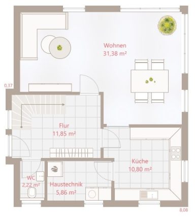 Drevo EFH 119 SD - Erdgeschoss Grundriss einer Wohnung mit Wohn-, Ess-, Küche und Flur. Maße sind angegeben.