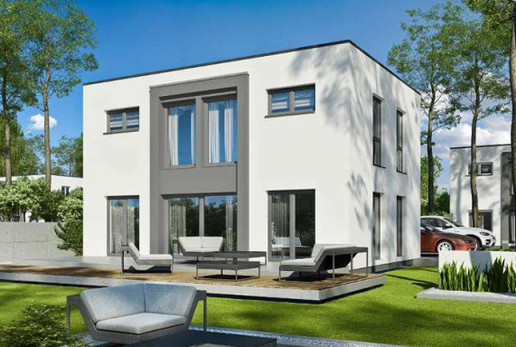 EFH Noble 123F Modernes, zweistöckiges Haus mit großen Fenstern und Terrasse in einem grünen Garten.