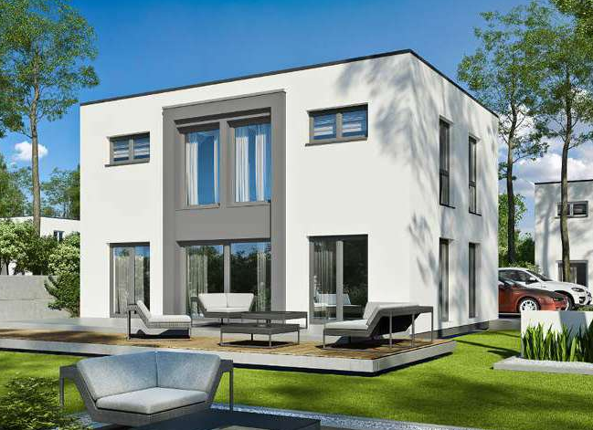 Enovia Haus - EFH - Noble 123F Modernes, zweigeschossiges Haus mit großen Fenstern und Terrasse, umgeben von Rasen und Bäumen.