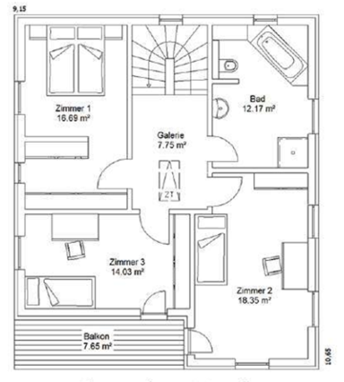 Grundriss OG Grundriss eines Hauses mit fünf Räumen, Bad und Treppe. Maße angegeben.