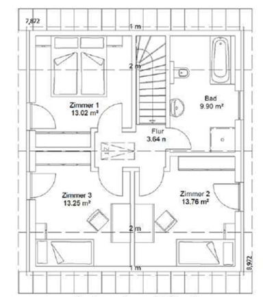 Grundriss DG Grundriss eines Hauses mit drei Zimmern, Flur, Bad und Treppe.