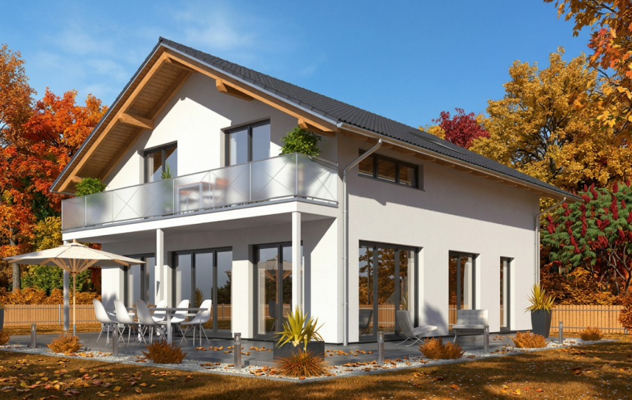 Moderne Villa mit Flachdach, großer Terrasse und Pool im Garten.