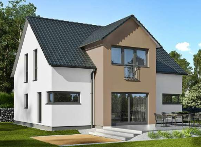 Enovia EFH Vielseitige 165 Modernes zweigeschossiges Einfamilienhaus mit hellem Fassadenanstrich und großer Terrasse.