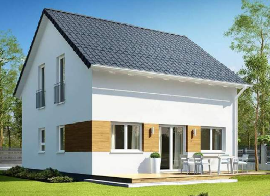 Vielseitige 113 Modernes Einfamilienhaus mit weißer Fassade und Holzakzenten, umgeben von Grün.