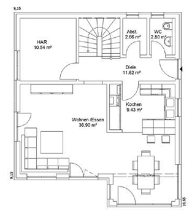 Grundriss EG Grundriss eines Hauses mit Wohnbereich, Esszimmer, Küche und Treppe.