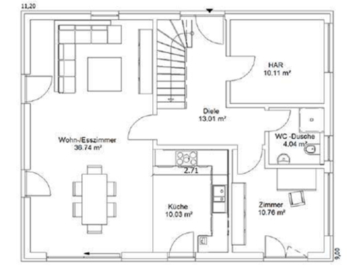 Grundriss EG Grundriss eines Hauses mit Wohnzimmer, Küche, Esszimmer und Treppe.