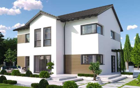 Enovia Haus - Fachberater für Fertighäuser - Thomas Bärtle Modernes zweigeschossiges Haus mit weißen und braunen Wänden sowie gepflegtem Garten.