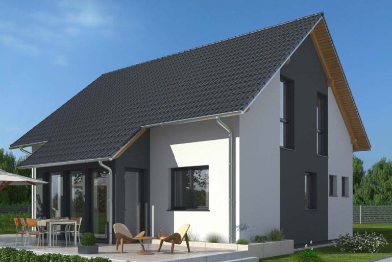 Modernes zweigeschossiges Haus mit schwarzem Dach und hellem Fassadenfarbton.