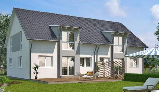 Enovia DHH Funktionale 131 SD Modernes zweigeschossiges Haus mit Balkon und Terrasse, umgeben von Grünflächen.