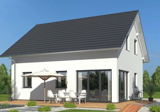 Drevo EFH 119 SD Modernes, zweigeschossiges Haus mit Steildach und Veranda, umgeben von Garten.