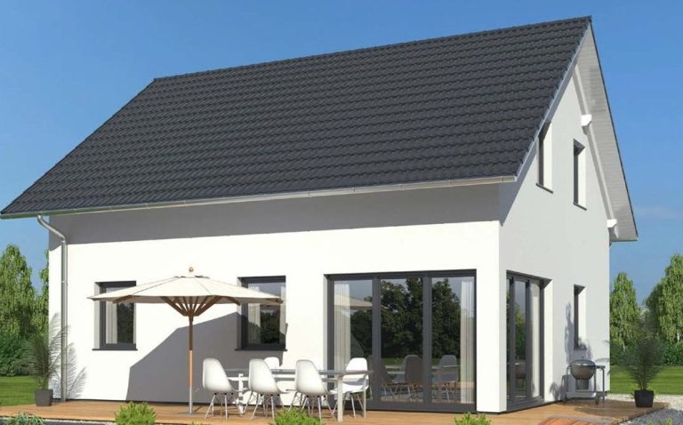 Drevo Fertighaus - EFH 119 SD Modernes, zweigeschossiges Haus mit Terrasse und Sonnenschirm in einer grünen Umgebung.
