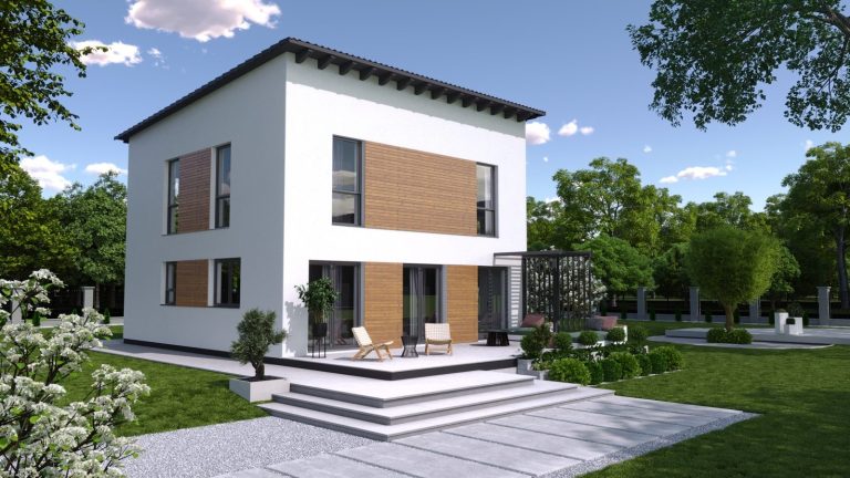 Enovia Haus - EFH - Noble 130P Modernes Haus mit Holzjalousien, Terrasse und Garten in grüner Umgebung.