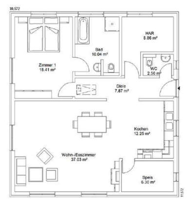Grundriss Grundriss eines Hauses mit mehreren Zimmern, darunter Wohnzimmer, Küche und Bad.
