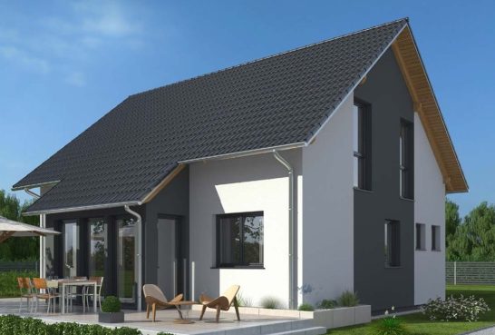 Modernes zweigeschossiges Haus mit einer Mischung aus Schwarz- und Weißtönen, umgeben von Natur.