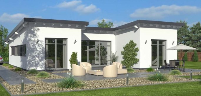 Drevo Bungalow 135 PD Moderne, einstöckige Doppelhaushälfte mit Garten und Terrasse in grüner Umgebung.