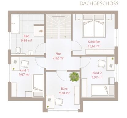 Drevo EFH 122 SD - Dachgeschoss Grundriss eines Dachgeschosses mit Räumen und Flächenangaben.