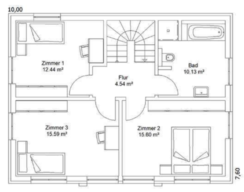 Grundriss OG Grundriss eines Hauses mit vier Zimmern, Flur und Badezimmer.