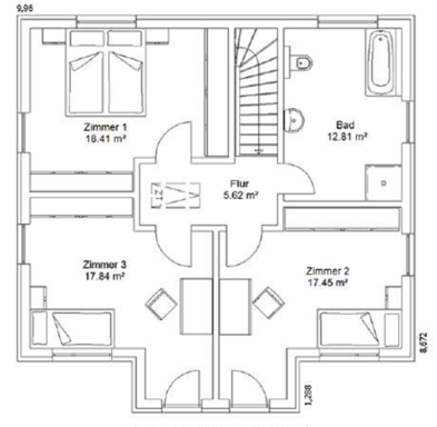 Grundriss OG Grundriss eines Hauses mit vier Zimmern, Flur und Bad.