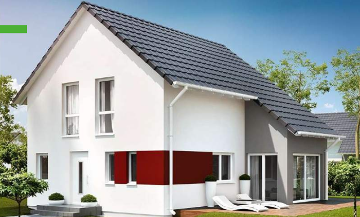 Enovia Haus Modernes zweigeschossiges Haus mit weißer Fassade und rotem Akzent. Grüne Umgebung.