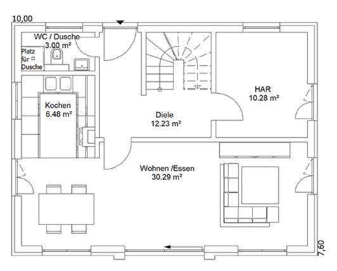 Grundriss EG Grundriss eines Hauses mit Küche, Wohn-Esszimmer, Bad und Flur.