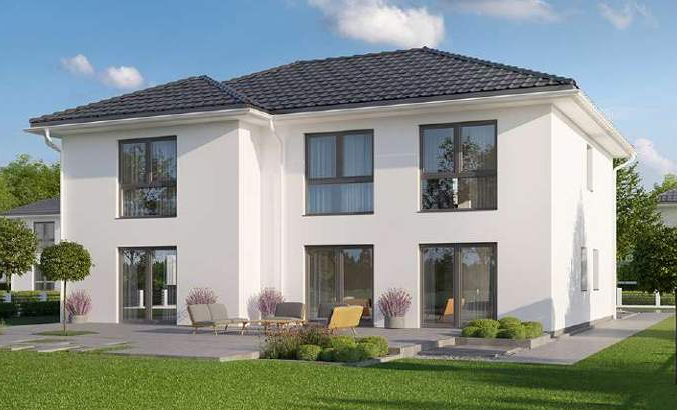 Enovia 2 Fam. Haus Funktionale 230 W Modernes zweigeschossiges Haus mit Garten und Terrasse, große Fenster und helle Fassade.